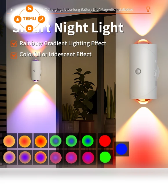 Smart LED Night Light with Motion Detection - Rechargeable, RGB Gradient Lighting — Night Lights