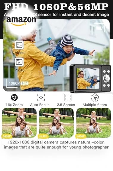 56MP FHD 1080P Digital Camera for Kids with 16x Zoom Anti Shake — Portable Media Devices & Accessories, Fleafer