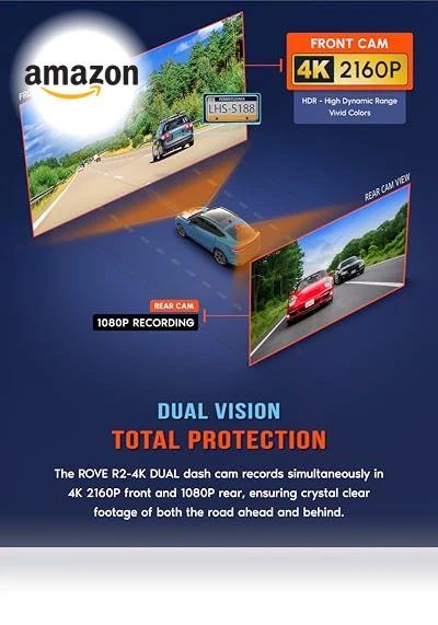 4K Dual Dash Cam Front and Rear with WiFi and GPS — Rearview Cameras for Cars, ROVE
