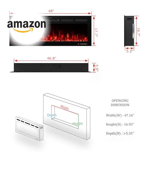 48" Smart Electric Fireplace Insert with Remote, Touch Screen & APP Control — Electric Heating Solutions, VINEMOUNT