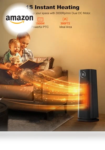 1500W Fast Electric Ceramic Space Heater with Thermostat — Home Climate Control, Wind Talk