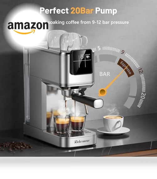 20 Bar Espresso Machine with Milk Frother & LCD Panel — Coffee & Espresso Combos, RELEXNOW