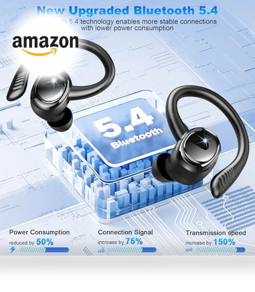 Bluetooth 5.4 Wireless Earbuds with Earhooks, 50H Playtime, ENC Noise Canceling, IP7 Waterproof — In-Ear Headphones, Hupoaf