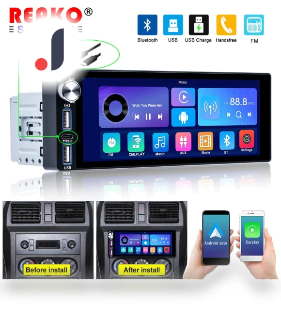 Universal 6.9-inch Car Radio with Carplay, Android, Touch Screen, Wi-Fi, GPS Navigation, Bluetooth, FM — Stereo Receivers, Reakosound