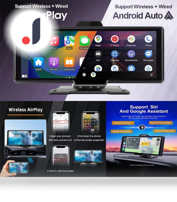 10.26-inch 4G IPS Touch Screen GPS Navigation Carplay Android AUTO Dual Lens Dash Cam Rearview Mirror — Navigation & GPS Accessories, JOHO