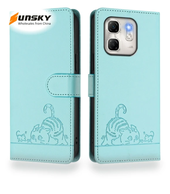 Cat Rat Embossed Pattern RFID Leather Phone Case with Lanyard for Infinix Hot 50i 5G / Smart 9 4G — Phone Accessories, Infinix