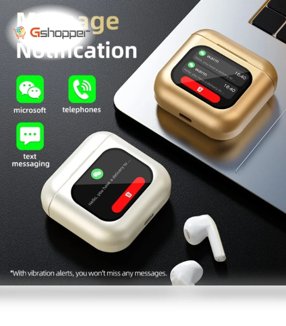 TWS Bluetooth Earphone with LCD Touch Screen, 8GB Memory, ENC HD Calls, Low Latency — Headsets