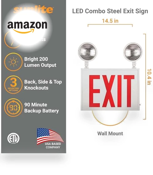 LED Steel Exit Sign Combo — Emergency Fixtures, Sunlite
