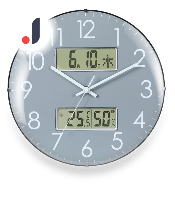 Wall Clock with Temperature Humidity Date Day of Week Continuous Second Hand Silent Analog Spherical Glass — Desk & Shelf, SAMURAI STYLE