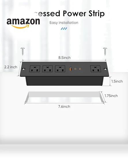 Recessed Power Strip with PD 30W USB C Port — Power Solutions & Surge Protection, VILONG