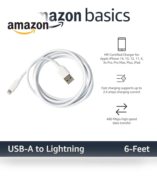 USB-A to Lightning Charger Cable — Lightning, Amazon Basics