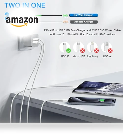 PD Dual USB C Charger Block with 10FT Woven Cable — Chargers, Shenzhen Huangyingjia Technology Co., Ltd.
