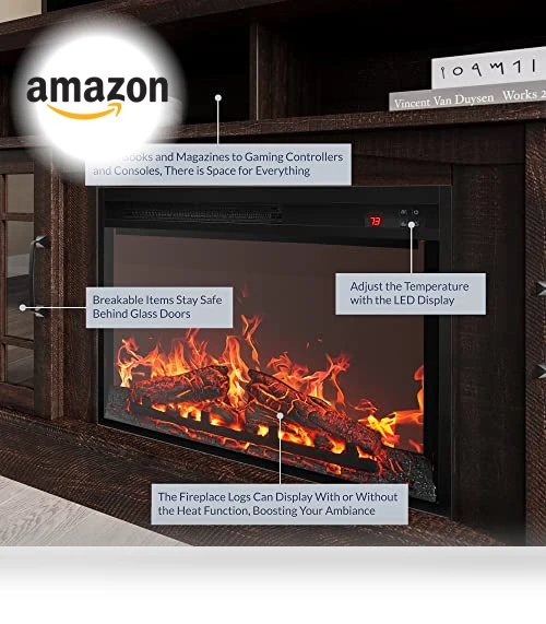 Traditional 58" Rustic TV Stand with Electric Fireplace Heater — Stands, BELLEZE