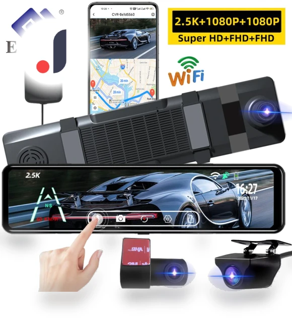 Car DVR with WIFI, GPS, 3 Cameras and 12-inch IPS Touch Screen — Rearview Cameras for Cars, E-ACE