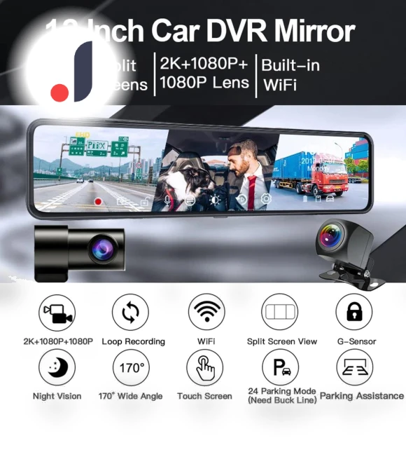 12-inch Touchscreen Mirror Dash Cam — Dashboard Cameras, JOHO