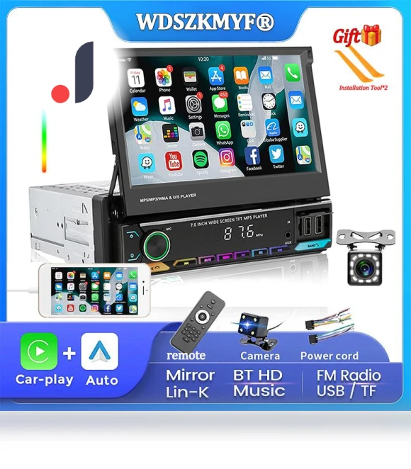 7-inch Retractable Touchscreen GPS Wireless Carplay Android Auto 1Din Car Radio Multimedia Player — Stereo Receivers, Auto Accessories Home