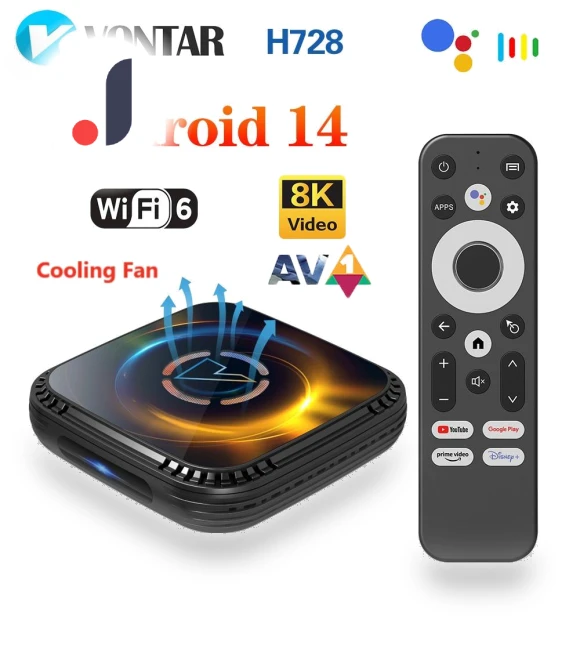 Android 14 Smart TV Box with Cooling Fan — Streaming Devices, Blackin