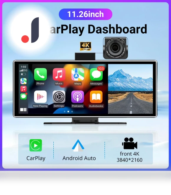 11.26-inch 4K DVR Wireless CarPlay and Android Auto Portable Dash Cam — Dashboard Cameras, ZoomSpark