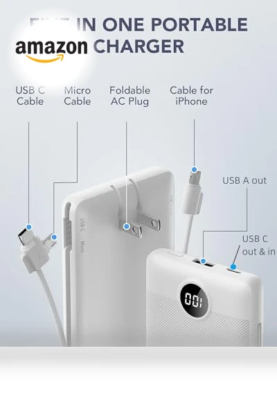 Portable Charger with Built-in Cables and AC Wall Plug — Charging Solutions, VRURC