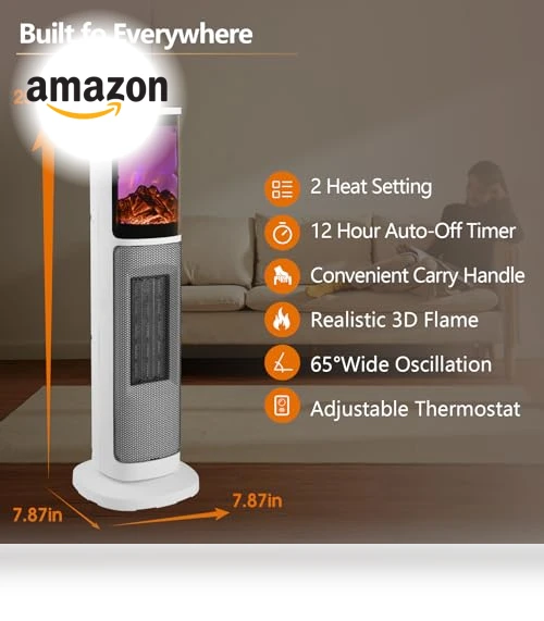 Ceramic Tower Space Heater with 3D Flame — Portable Heating Solutions, HINEIBER