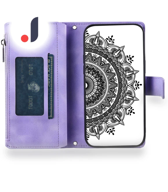 Mandala Flower Imprinted PU Leather Cover Stand with Multiple Card Slots Zipper Pocket Wallet Case — Phone Accessories, Smartwatch 2025