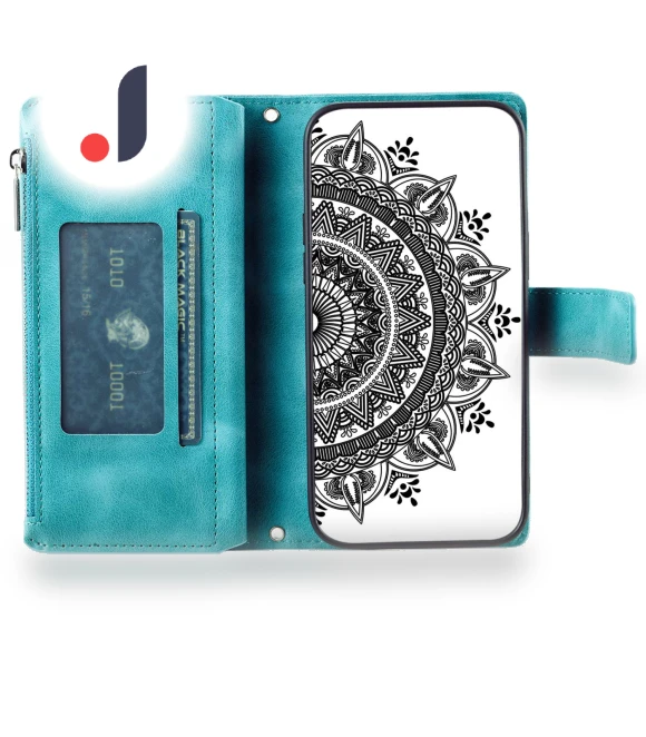Mandala Flower Imprinted Bump Proof PU Leather Phone Cover Stand with Multiple Card Slots Zipper Pocket Wallet Case — Phone Accessories, Smartwatch 2025