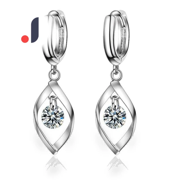 Sterling Silver Earrings with Zircon Crystals and Leaves — Drop & Dangle, ANENJERY Bijouterie