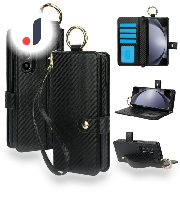Case Wrist Band Kickstand PU Leather Wallet Phone Cover with Shoulder Strap Carbon Fiber Texture — Phone Accessories, Smartwatch 2025