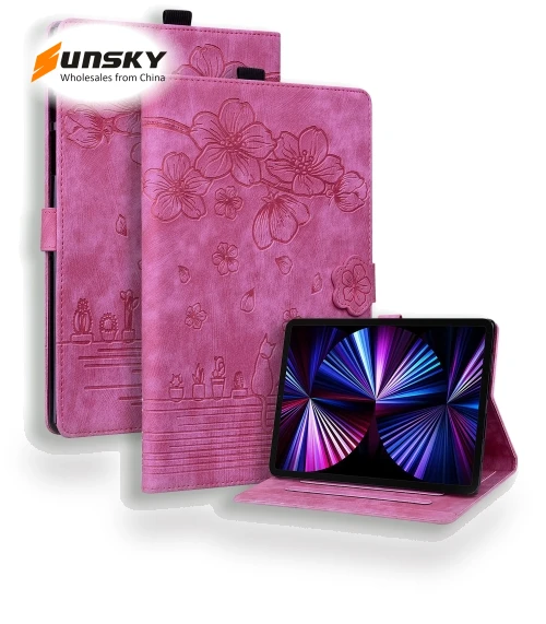 Cartoon Sakura Cat Embossed Smart Leather Tablet Case for iPad Pro 11 2022 / Air 10.9 2022 — Cases
