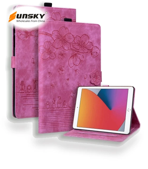 Cartoon Sakura Cat Embossed Smart Leather Tablet Case — Cases