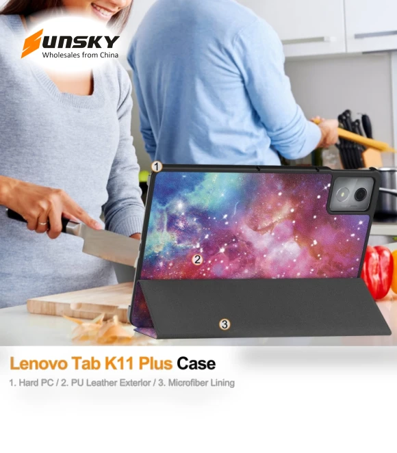 3-Fold Holder Leather Smart Tablet Case for Lenovo Tab K11 Plus — Keyboard Cases, Lenovo