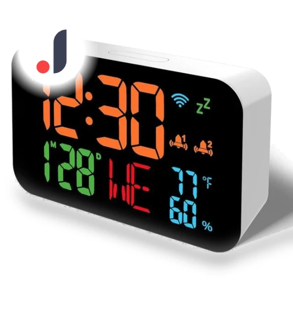 WiFi Desktop Clock with Calendar, Humidity, Smart Thermometer, and LED Display — Alarms & Clocks, DC-HOME Textile