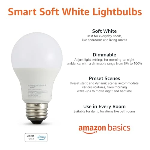 Smart A19 LED Light Bulb, Dimmable Soft White — LED, Amazon Basics