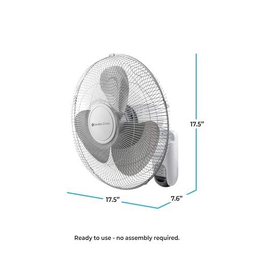 Oscillating Wall Mount Fan with Adjustable Vertical Tilt, 16 inch, 3 Speed, Metal Grille, 90 Degree Oscillation, 3... — Wall-Mounted Cooling Solutions, Comfort Zone