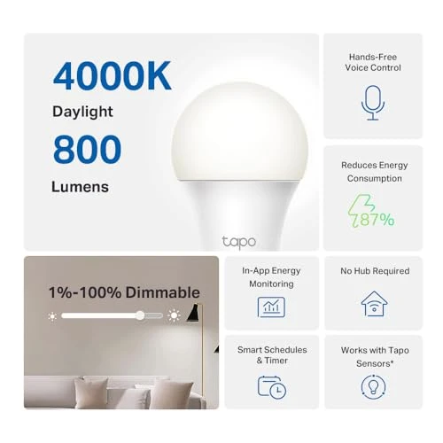 Smart Light Bulbs - Natural Daylight, Dimmable, Compatible with Alexa and Google Home, A60 Bulb/E27 Base, 60W... — Smart Light Bulb, Tapo