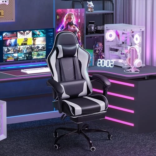 Gaming Chair with Footrest and Massage Lumbar Support — Gaming Chairs, Homall