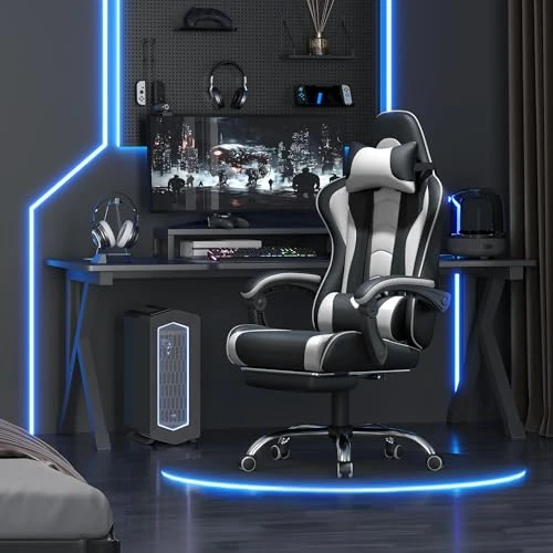 Gaming Chair with Massage Lumbar Support and Footrest — Gaming Chairs, Yaheetech
