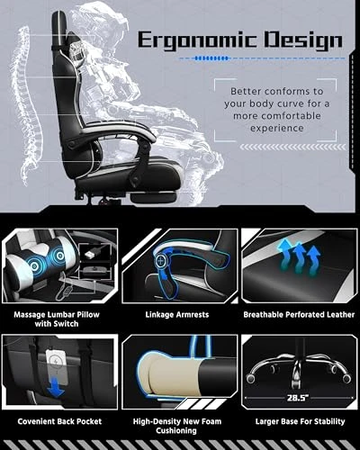 Gaming Chair with Massage Lumbar Support and Footrest — Gaming Chairs, Yaheetech