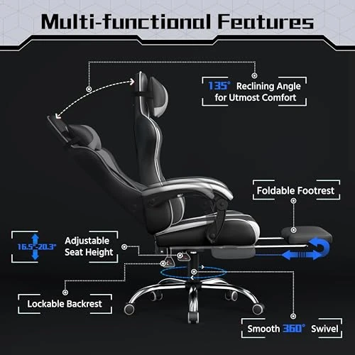 Gaming Chair with Massage Lumbar Support and Footrest — Gaming Chairs, Yaheetech