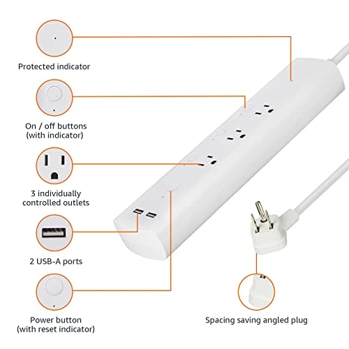 Smart Plug Power Strip with 3 Individually Controlled Outlets and 2 USB-A Ports — Power Distribution Units, Amazon Basics