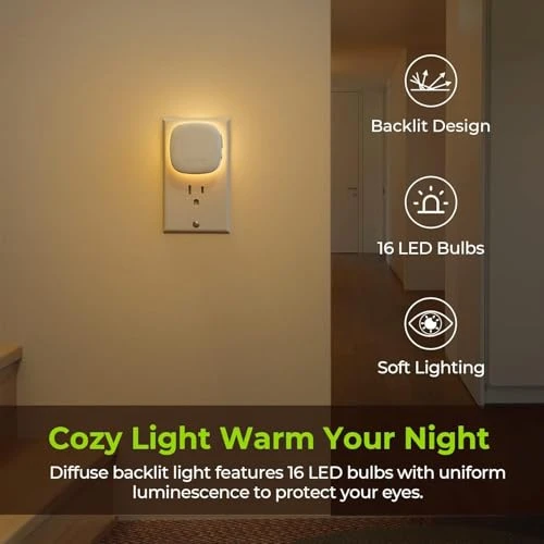 Plug-in LED Backlit Night Light with Motion Sensor & Dusk to Dawn Sensor, Dimmable Warm White Nightlight with Adjustable... — Night Lights, AUVON