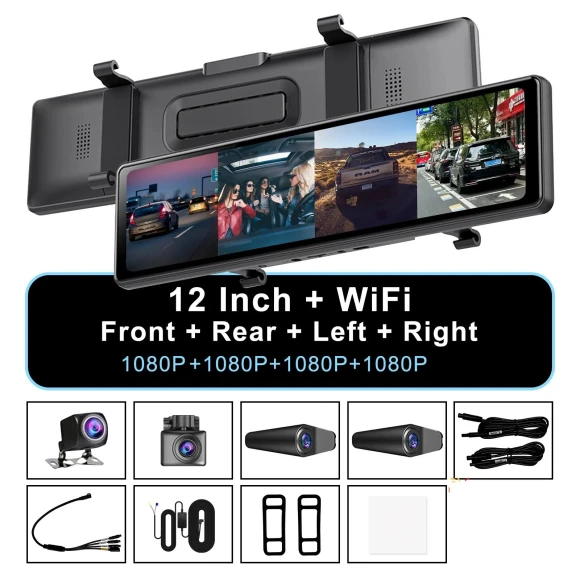 4-Channel 12-Inch Dash Cam with Rearview Mirror — Dashboard Cameras, Simplistic Living Home