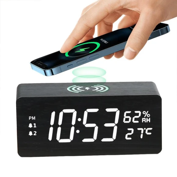 Wooden Wireless Charging Clock with Temperature and Humidity Display — Clocks, Fashionable bags