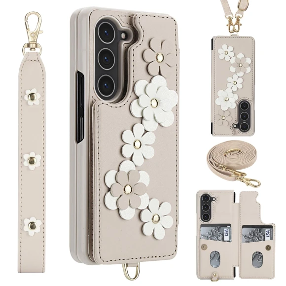 Card Slots Leather Coated TPU Flower Phone Cover with 2 Straps — Phone Accessories, Smartwatch 2025