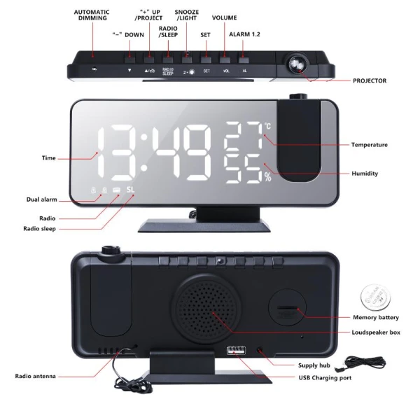 Digital Smart Alarm Clock with LED Projection — Alarms & Clocks, SZ-Damai