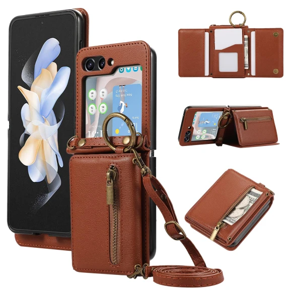 Leather Back Cover Zipper Wallet Kickstand Phone Case with Shoulder Strap — Flip Cases, Smartwatch 2025