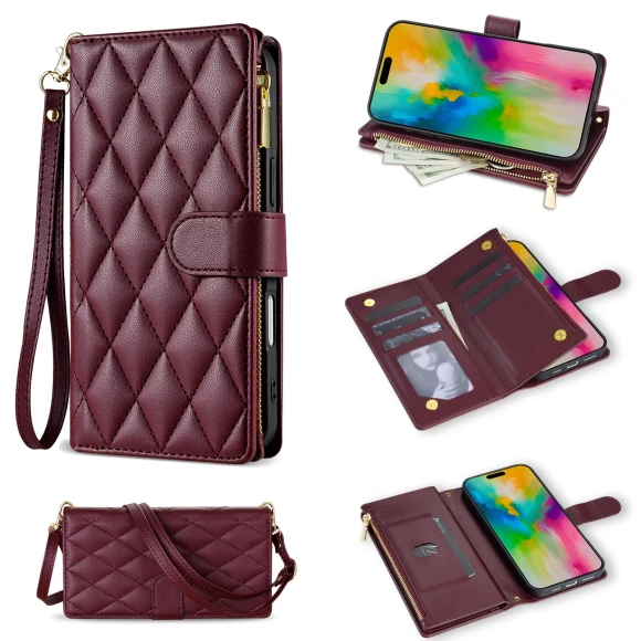 Rhombus Stitching Leather Wallet Phone Cover with Long/Short Strap — Phone Accessories, Smartwatch 2025
