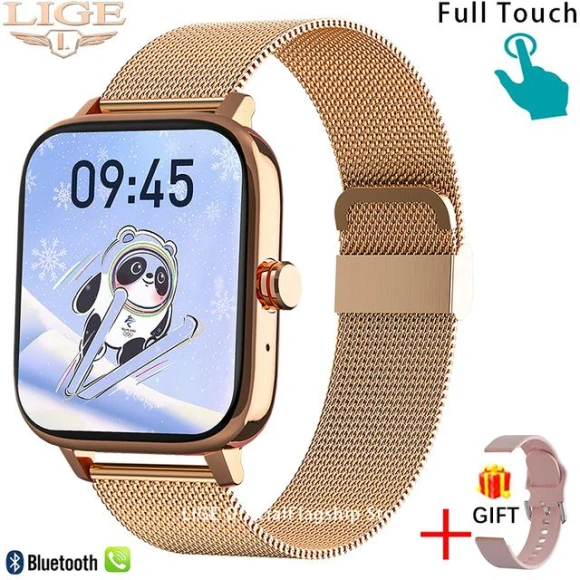 Smart Watch for Women with Customizable Dial, Waterproof, Bluetooth Music, Mesh Strap, Gold — Smartwatches, LIGE
