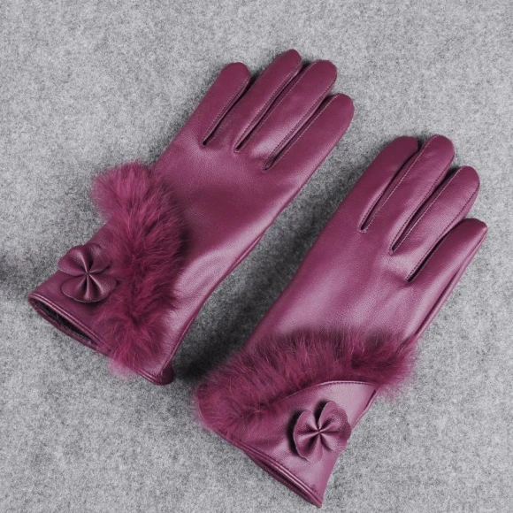 Women's Touchscreen Leather Gloves with Rabbit Fur Design — , Freedom Outdoors