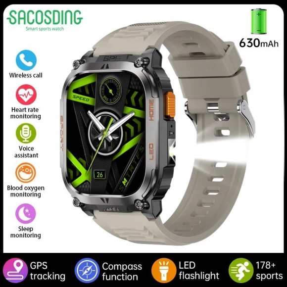 Smart Watch with GPS, Military Compass, Flashlight, 100+ Sport Modes, IP68 Waterproof — Smartwatches, SACOSDING
